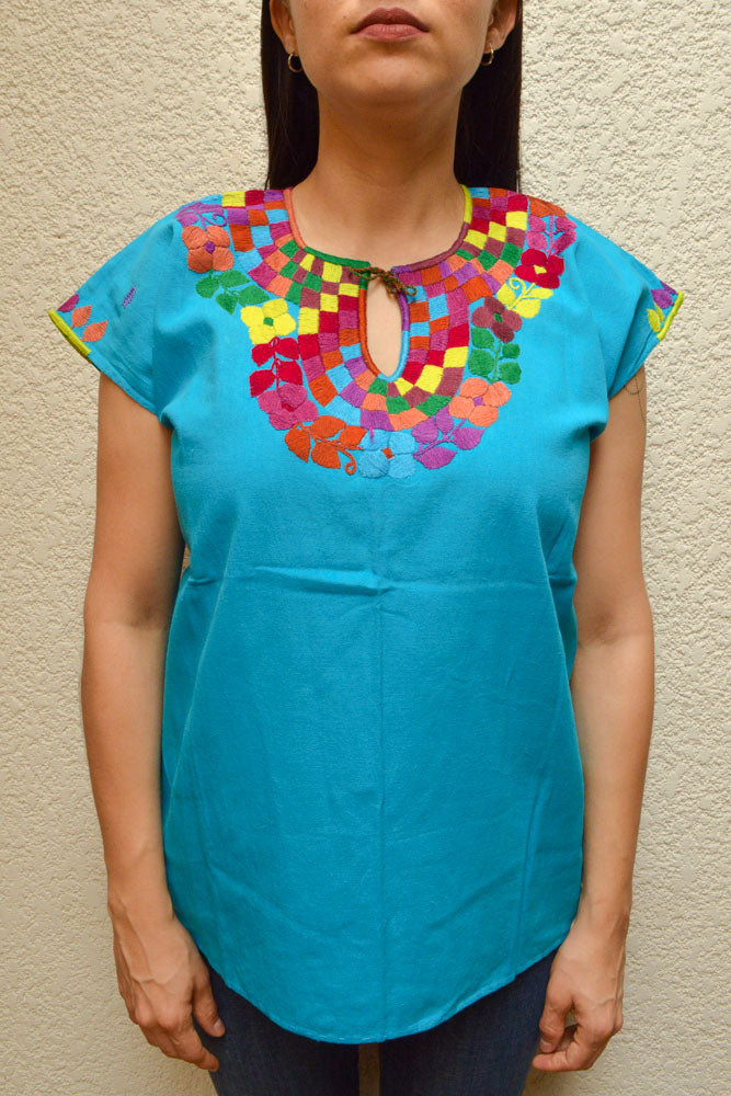 Embroidered Mexican Blouse | Light Blue - Alebrije Huichol Mexican Folk art magiamexica.com