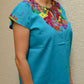 Embroidered Mexican Blouse | Light Blue - Alebrije Huichol Mexican Folk art magiamexica.com