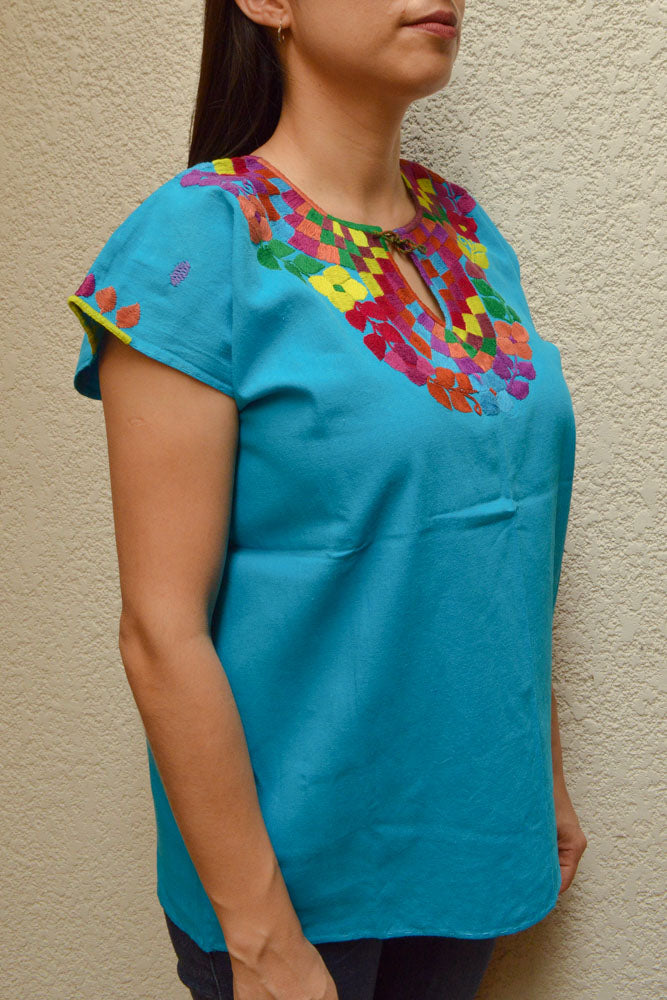 Embroidered Mexican Blouse | Light Blue - Alebrije Huichol Mexican Folk art magiamexica.com