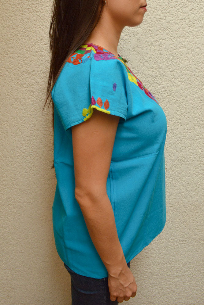 Embroidered Mexican Blouse | Light Blue - Alebrije Huichol Mexican Folk art magiamexica.com