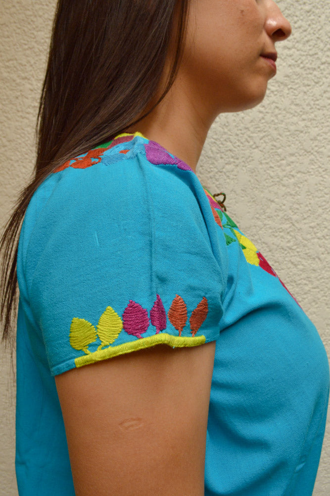 Embroidered Mexican Blouse | Light Blue - Alebrije Huichol Mexican Folk art magiamexica.com
