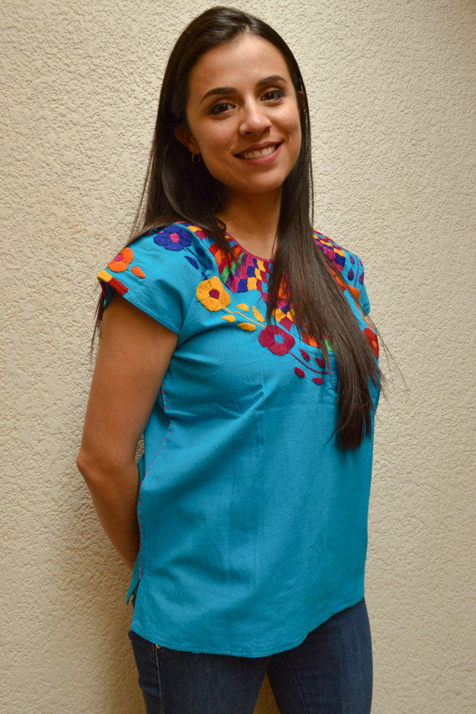 Embroidered Mexican Blouse | Light Blue - Alebrije Huichol Mexican Folk art magiamexica.com
