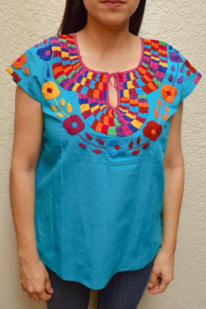 Embroidered Mexican Blouse | Light Blue - Alebrije Huichol Mexican Folk art magiamexica.com