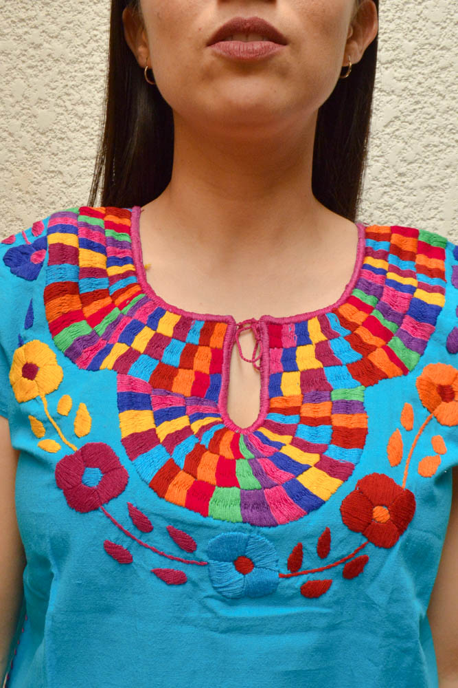 Embroidered Mexican Blouse | Light Blue - Alebrije Huichol Mexican Folk art magiamexica.com