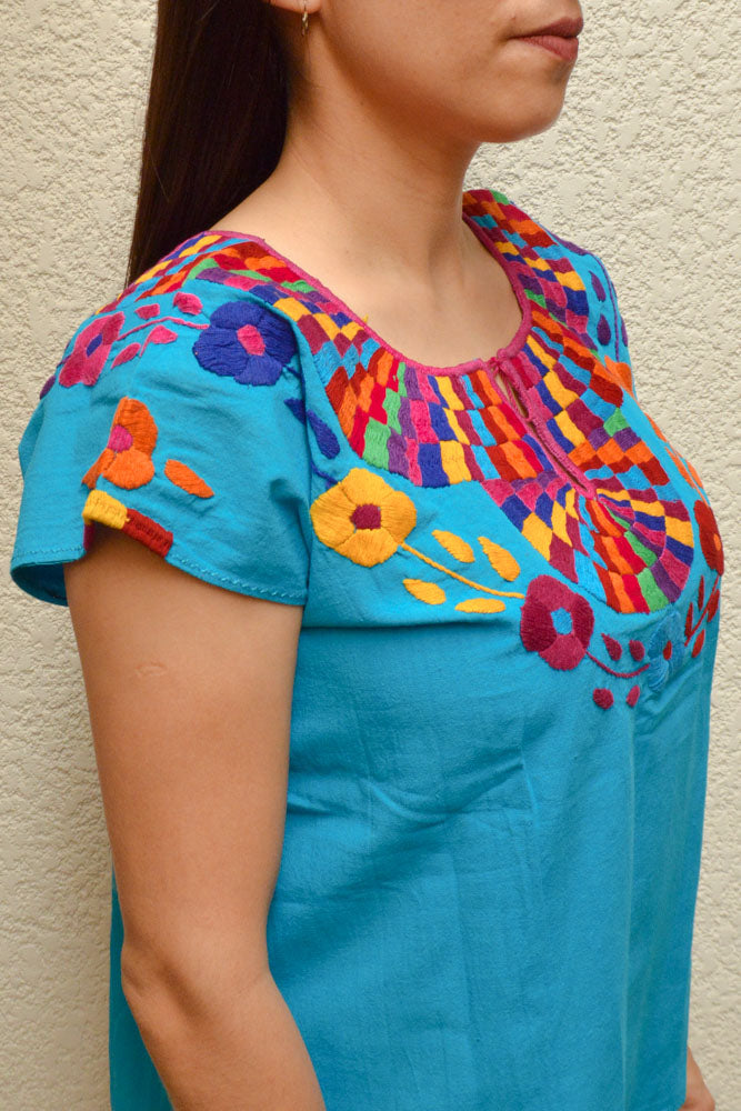 Embroidered Mexican Blouse | Light Blue - Alebrije Huichol Mexican Folk art magiamexica.com