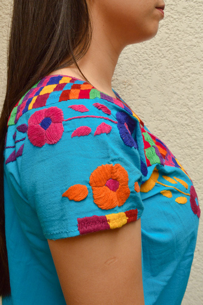 Embroidered Mexican Blouse | Light Blue - Alebrije Huichol Mexican Folk art magiamexica.com