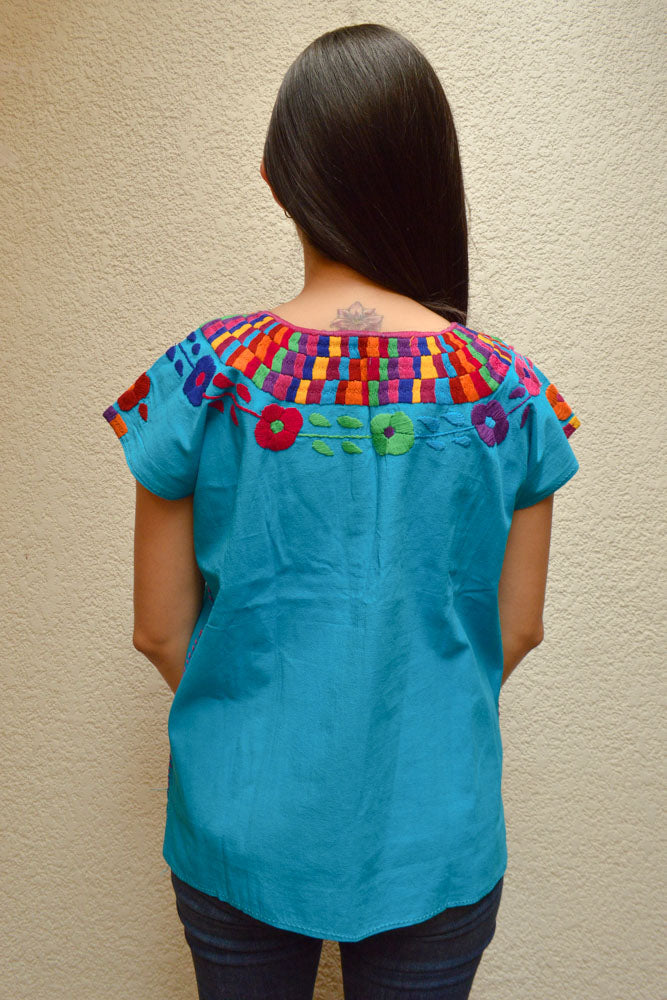 Embroidered Mexican Blouse | Light Blue - Alebrije Huichol Mexican Folk art magiamexica.com
