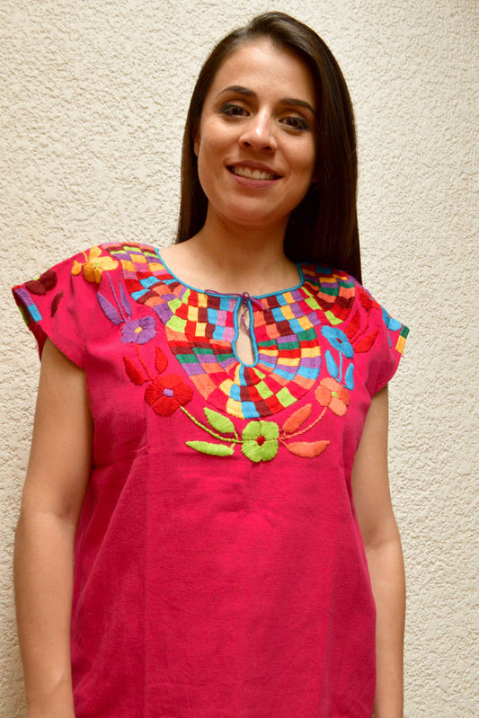 Embroidered Mexican Blouse | Pink - Alebrije Huichol Mexican Folk art magiamexica.com