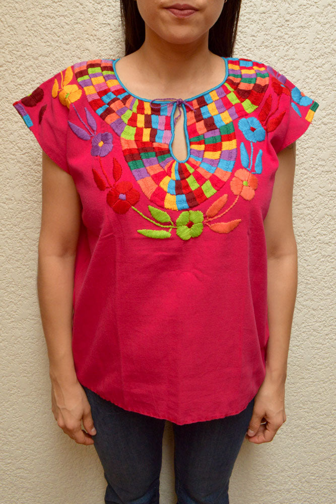 Embroidered Mexican Blouse | Pink - Alebrije Huichol Mexican Folk art magiamexica.com