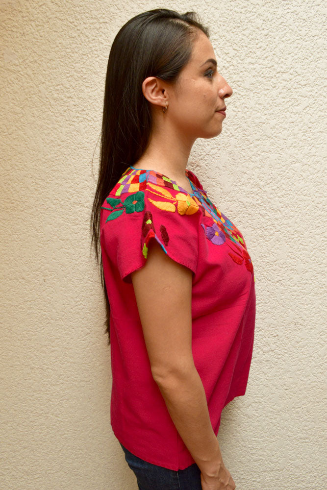 Embroidered Mexican Blouse | Pink - Alebrije Huichol Mexican Folk art magiamexica.com