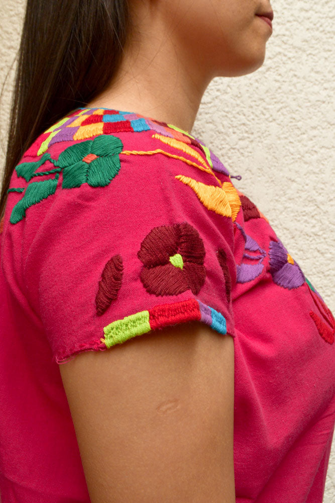 Embroidered Mexican Blouse | Pink - Alebrije Huichol Mexican Folk art magiamexica.com