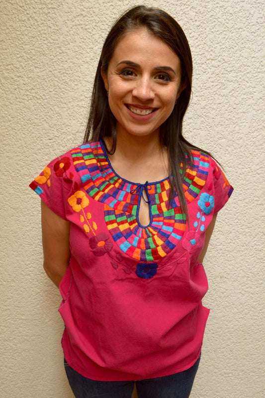 Embroidered Mexican Blouse | Pink - Alebrije Huichol Mexican Folk art magiamexica.com