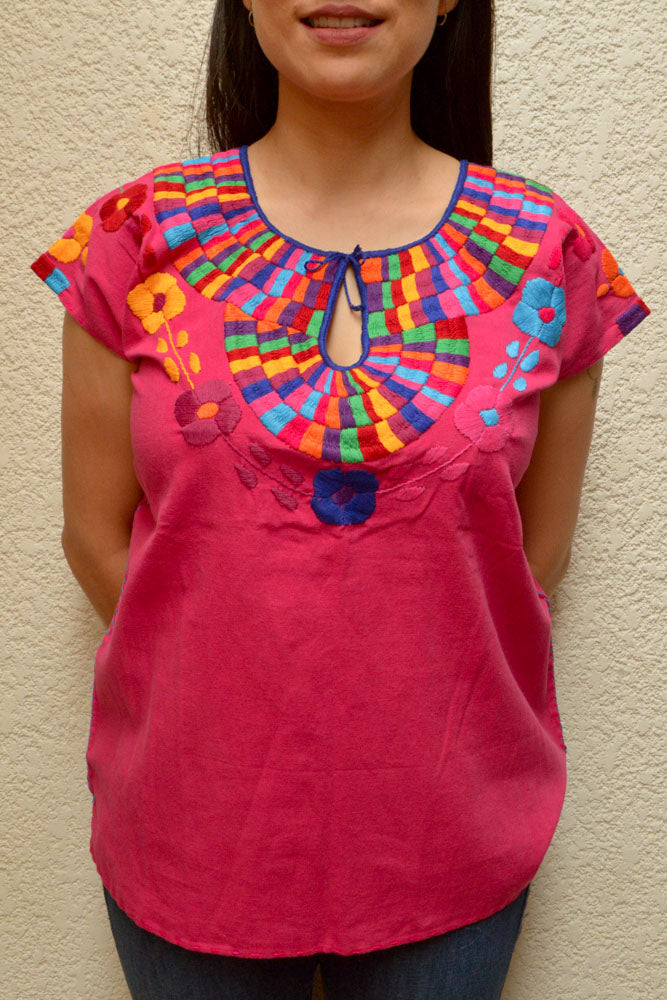 Embroidered Mexican Blouse | Pink - Alebrije Huichol Mexican Folk art magiamexica.com