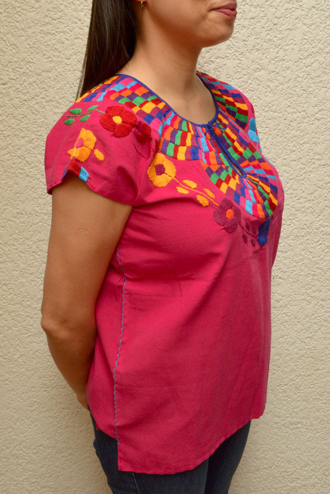 Embroidered Mexican Blouse | Pink - Alebrije Huichol Mexican Folk art magiamexica.com