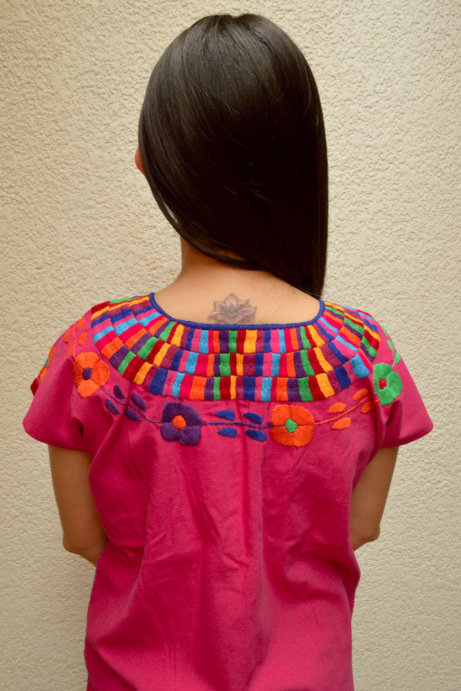 Embroidered Mexican Blouse | Pink - Alebrije Huichol Mexican Folk art magiamexica.com