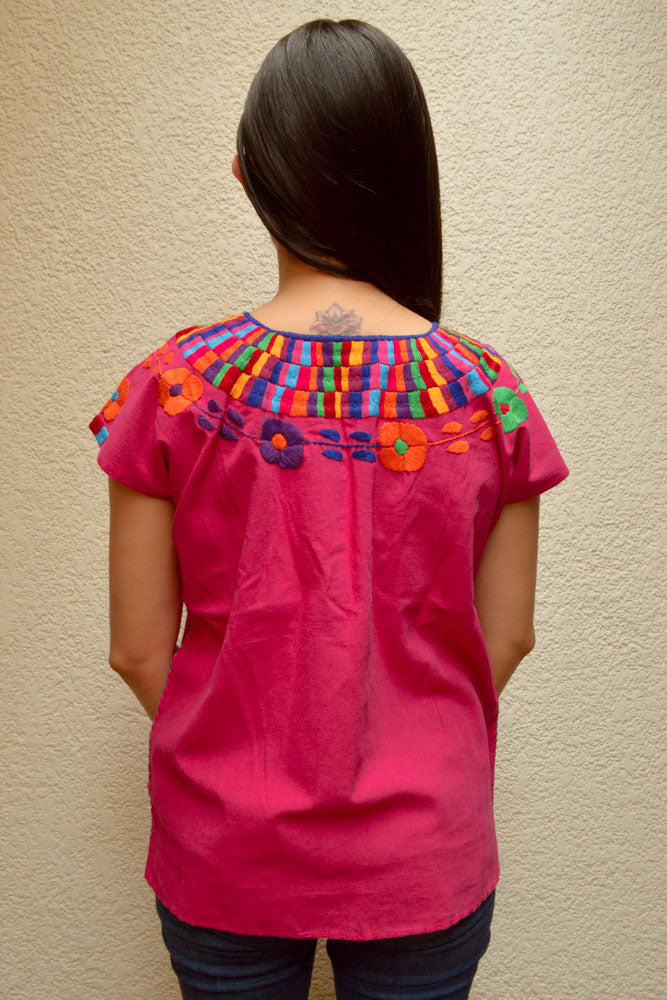 Embroidered Mexican Blouse | Pink - Alebrije Huichol Mexican Folk art magiamexica.com