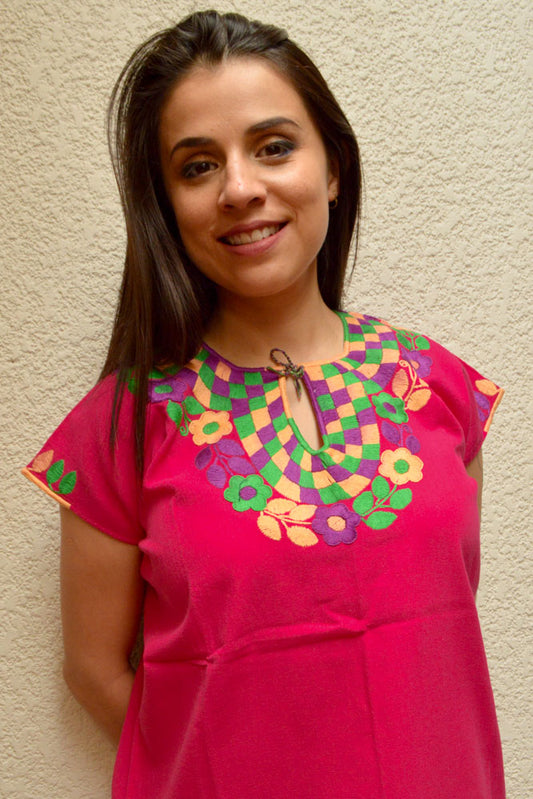 Embroidered Mexican Blouse | Pink - Alebrije Huichol Mexican Folk art magiamexica.com