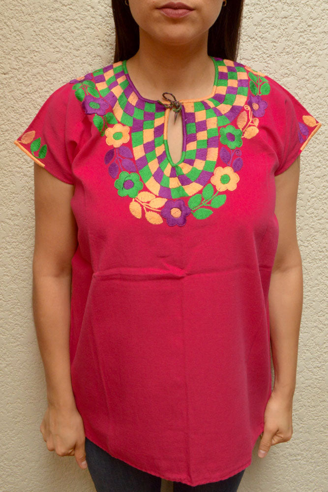 Embroidered Mexican Blouse | Pink - Alebrije Huichol Mexican Folk art magiamexica.com