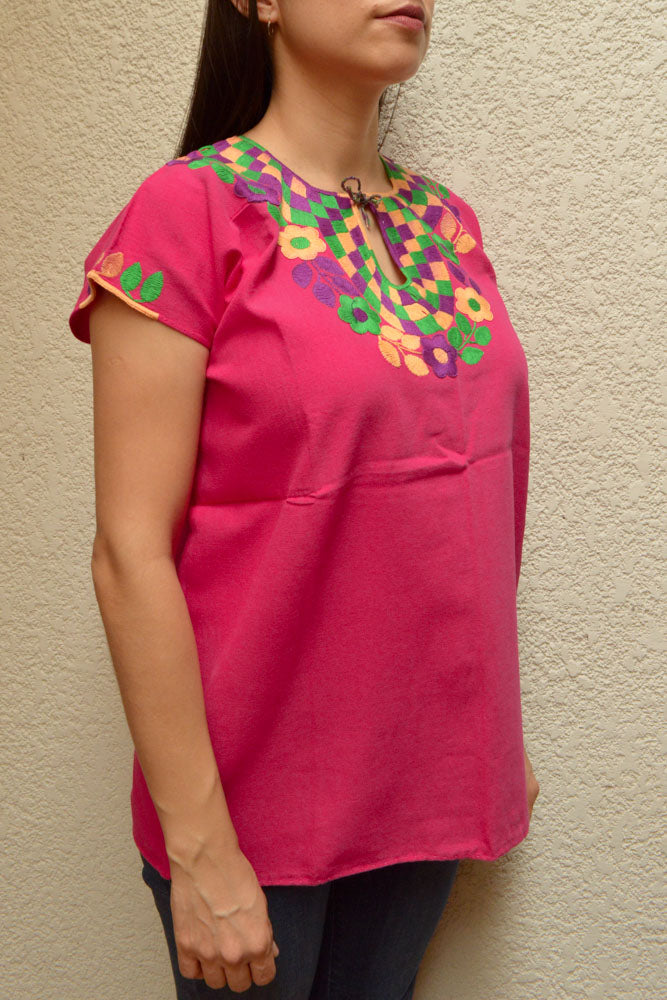Embroidered Mexican Blouse | Pink - Alebrije Huichol Mexican Folk art magiamexica.com