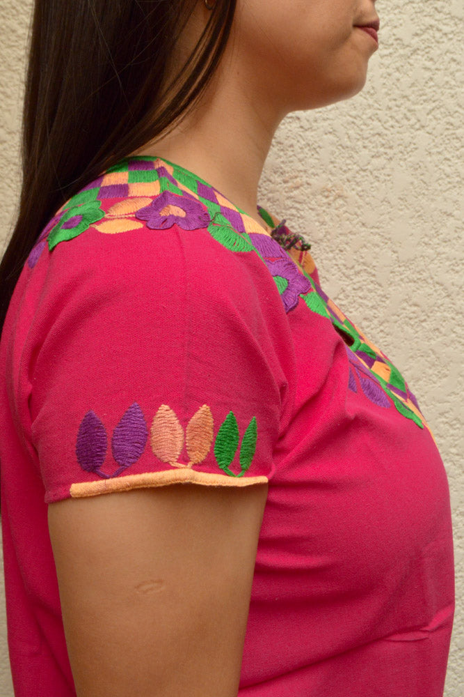 Embroidered Mexican Blouse | Pink - Alebrije Huichol Mexican Folk art magiamexica.com