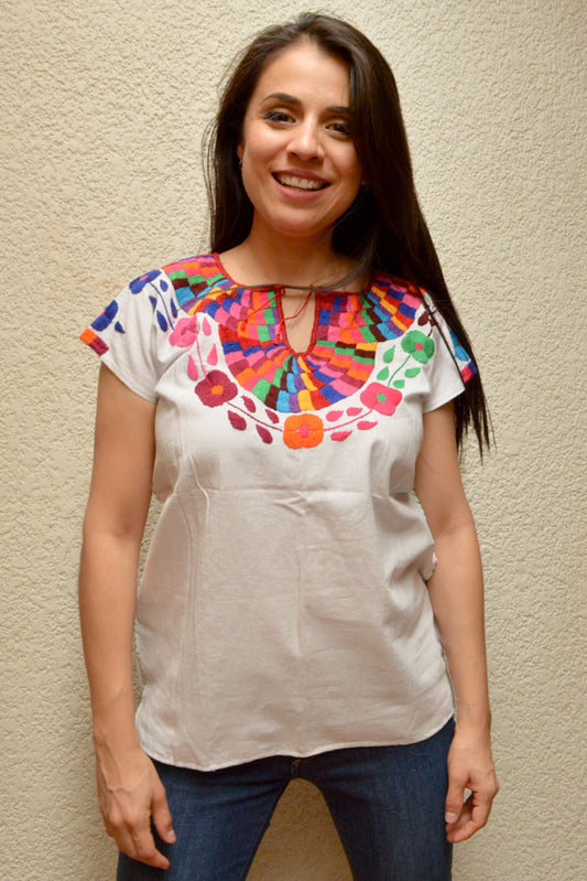 Embroidered Mexican Blouse | White - Alebrije Huichol Mexican Folk art magiamexica.com