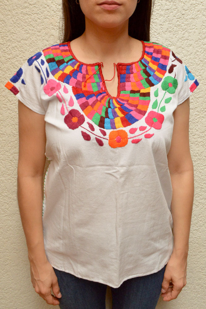 Embroidered Mexican Blouse | White - Alebrije Huichol Mexican Folk art magiamexica.com