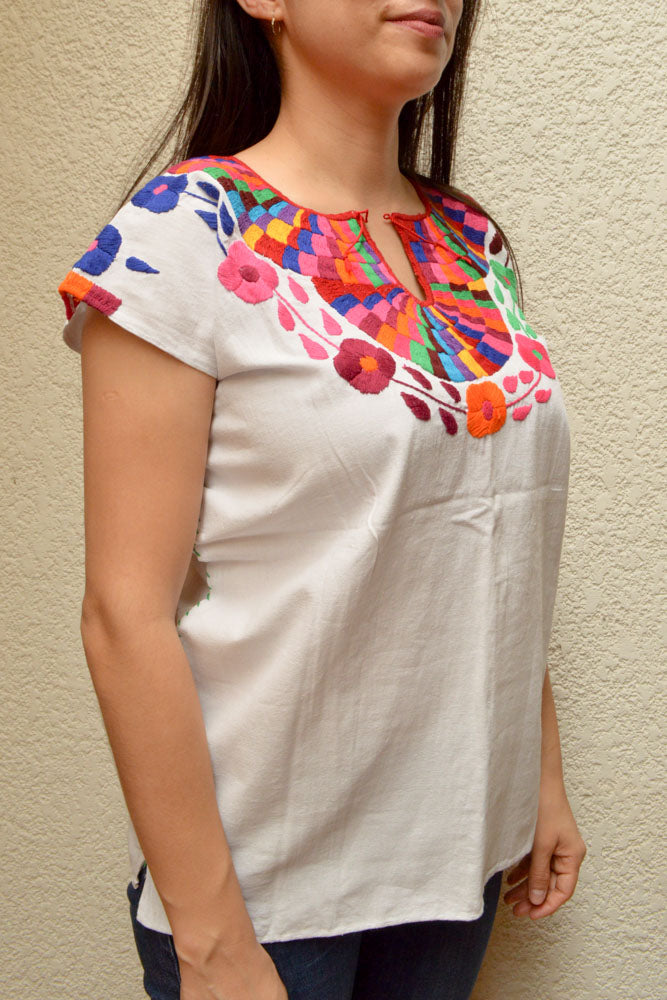 Embroidered Mexican Blouse | White - Alebrije Huichol Mexican Folk art magiamexica.com