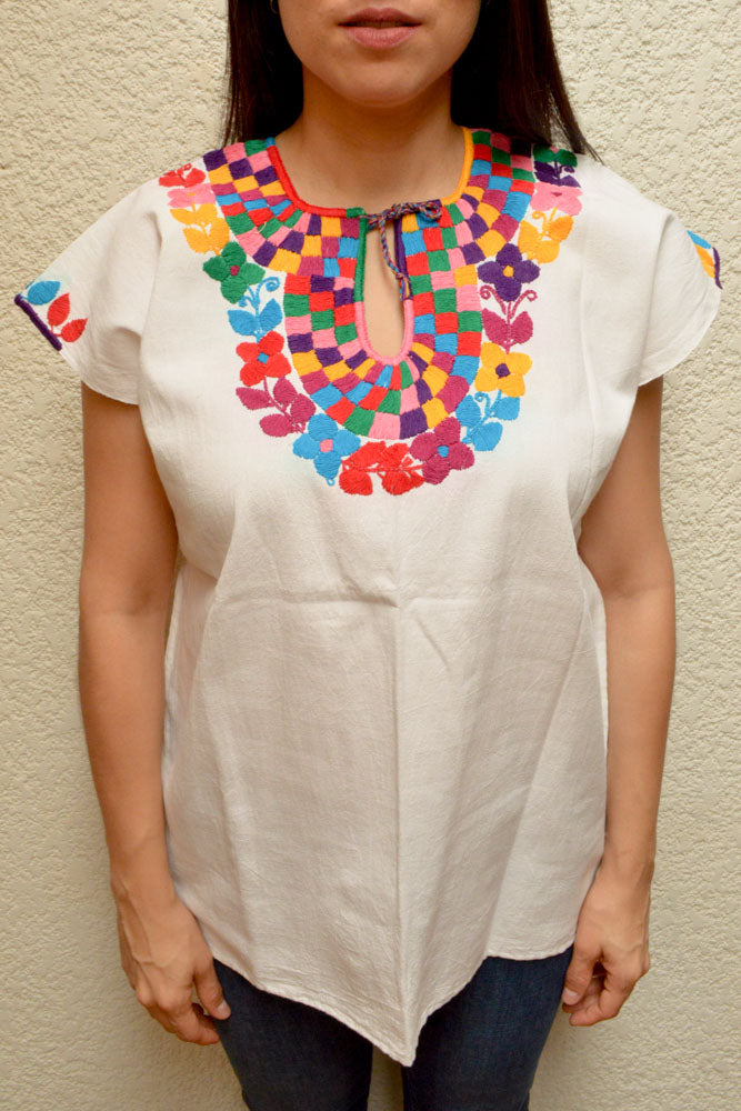 Embroidered Mexican Blouse | White - Alebrije Huichol Mexican Folk art magiamexica.com