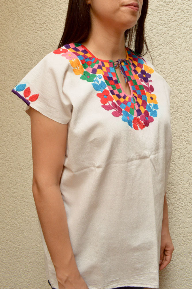 Embroidered Mexican Blouse | White - Alebrije Huichol Mexican Folk art magiamexica.com