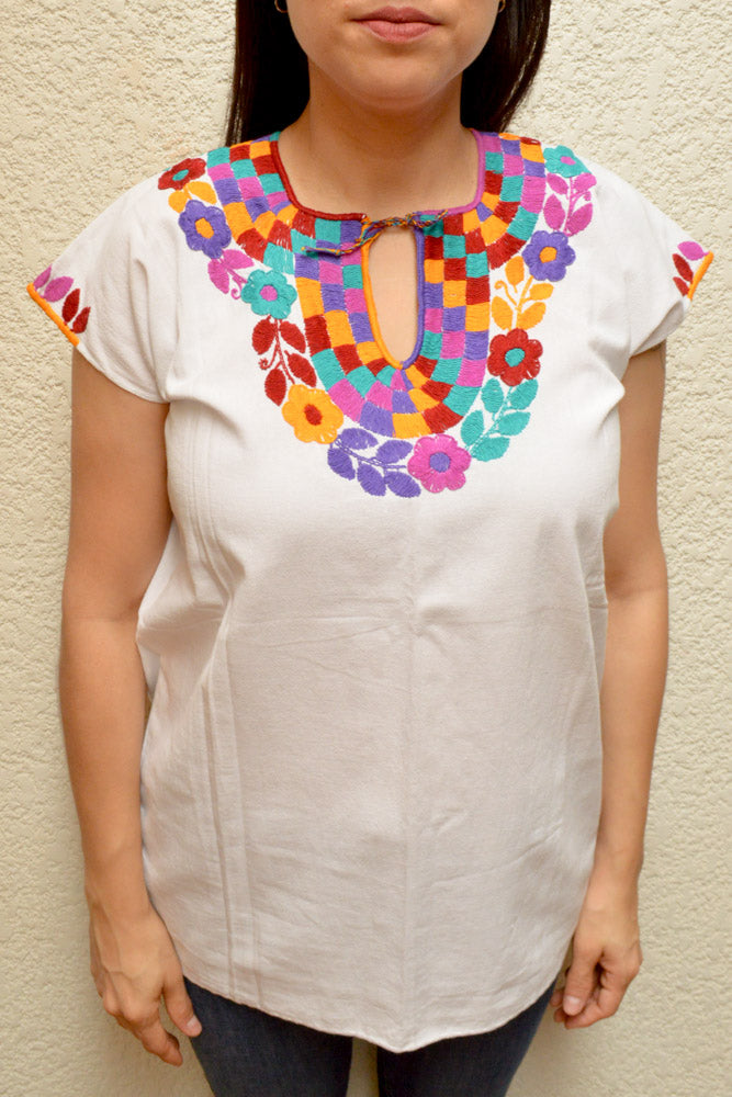 Embroidered Mexican Blouse | White - Alebrije Huichol Mexican Folk art magiamexica.com