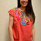 Embroidered Mexican Blouse | Coral - Alebrije Huichol Mexican Folk art magiamexica.com