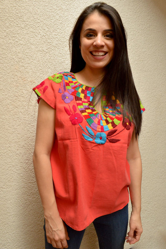 Embroidered Mexican Blouse | Coral - Alebrije Huichol Mexican Folk art magiamexica.com