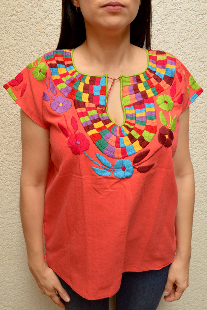 Embroidered Mexican Blouse | Coral - Alebrije Huichol Mexican Folk art magiamexica.com