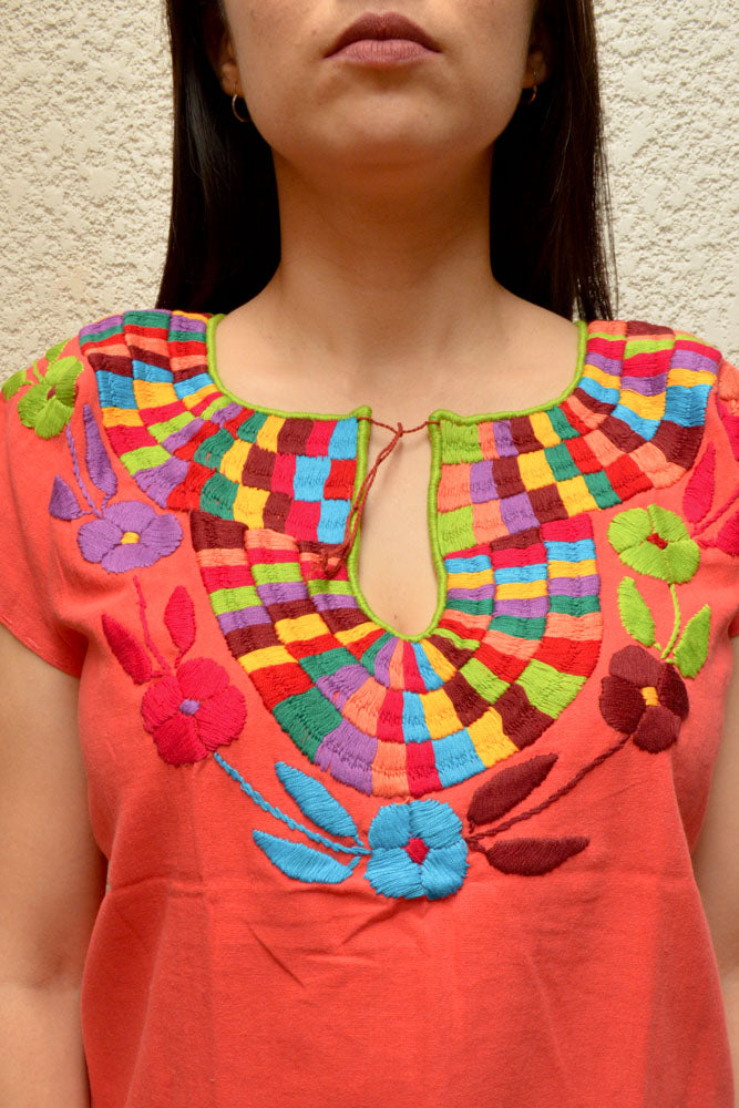 Embroidered Mexican Blouse | Coral - Alebrije Huichol Mexican Folk art magiamexica.com
