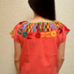Embroidered Mexican Blouse | Coral - Alebrije Huichol Mexican Folk art magiamexica.com