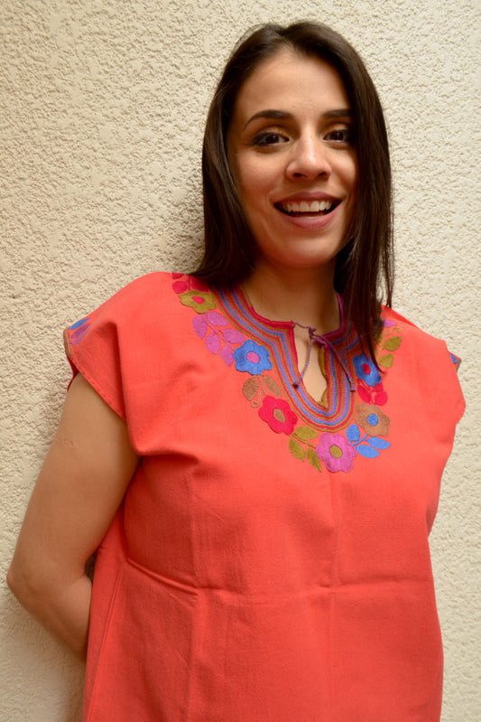 Embroidered Mexican Blouse | Coral - Alebrije Huichol Mexican Folk art magiamexica.com