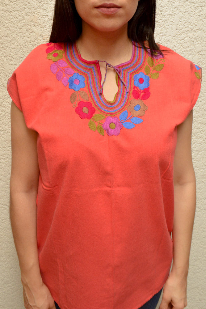 Embroidered Mexican Blouse | Coral - Alebrije Huichol Mexican Folk art magiamexica.com
