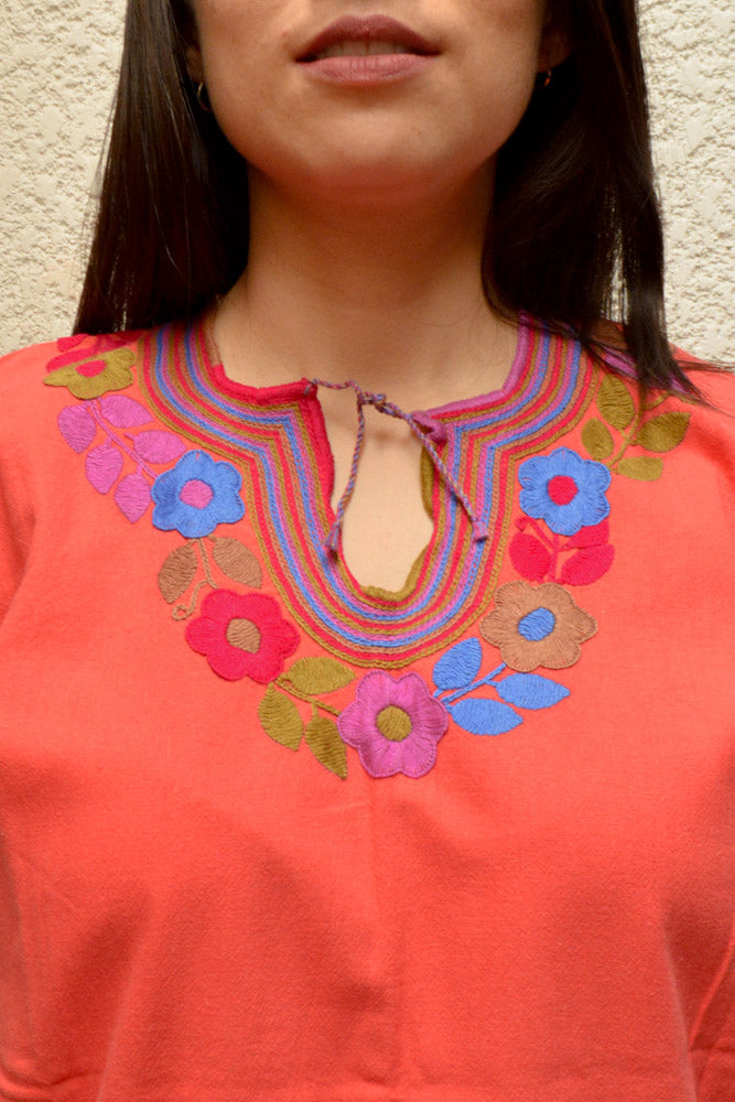 Embroidered Mexican Blouse | Coral - Alebrije Huichol Mexican Folk art magiamexica.com