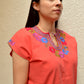 Embroidered Mexican Blouse | Coral - Alebrije Huichol Mexican Folk art magiamexica.com
