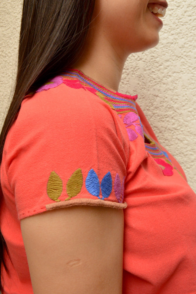 Embroidered Mexican Blouse | Coral - Alebrije Huichol Mexican Folk art magiamexica.com