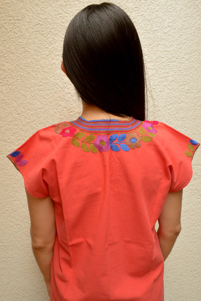 Embroidered Mexican Blouse | Coral - Alebrije Huichol Mexican Folk art magiamexica.com