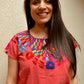 Embroidered Mexican Blouse | Coral - Alebrije Huichol Mexican Folk art magiamexica.com