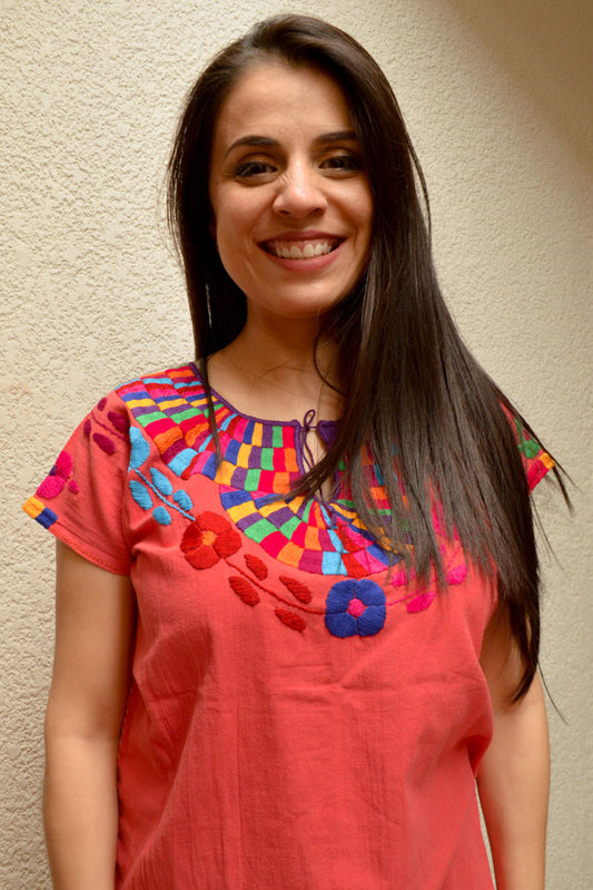 Embroidered Mexican Blouse | Coral - Alebrije Huichol Mexican Folk art magiamexica.com