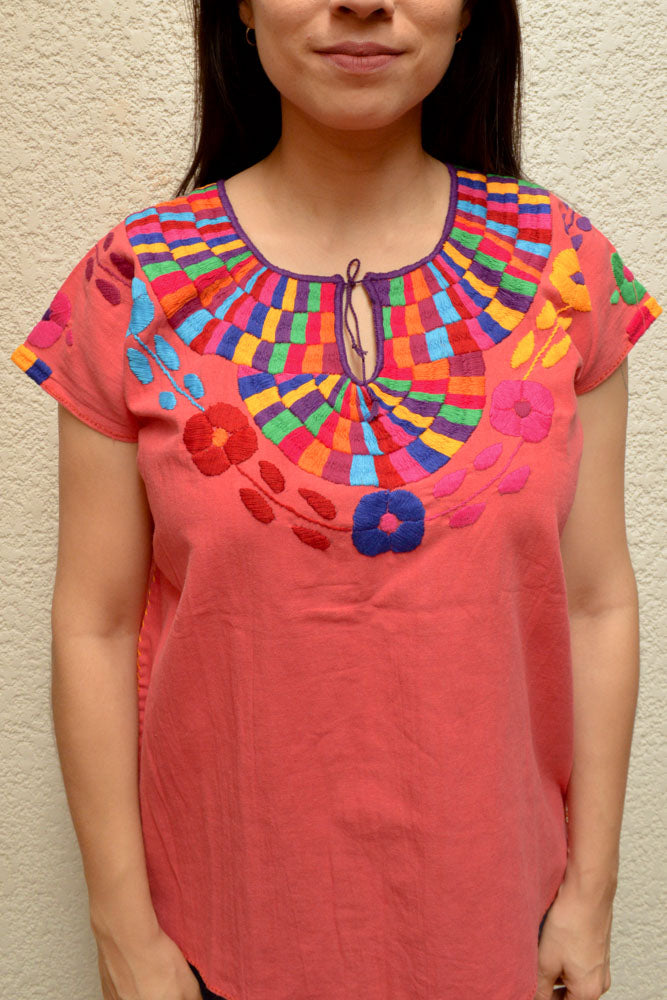 Embroidered Mexican Blouse | Coral - Alebrije Huichol Mexican Folk art magiamexica.com