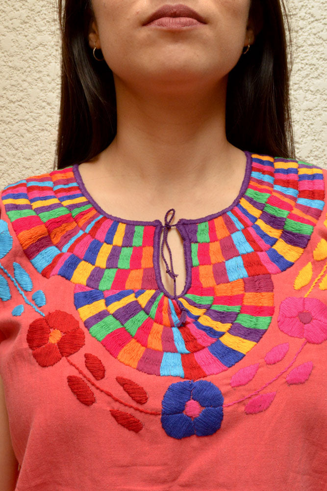 Embroidered Mexican Blouse | Coral - Alebrije Huichol Mexican Folk art magiamexica.com