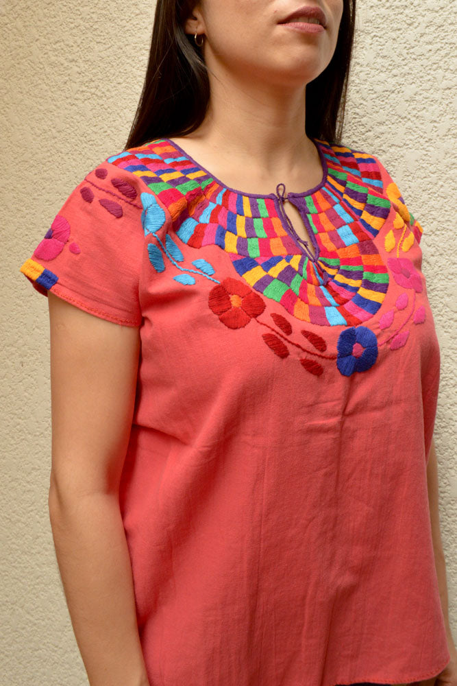 Embroidered Mexican Blouse | Coral - Alebrije Huichol Mexican Folk art magiamexica.com