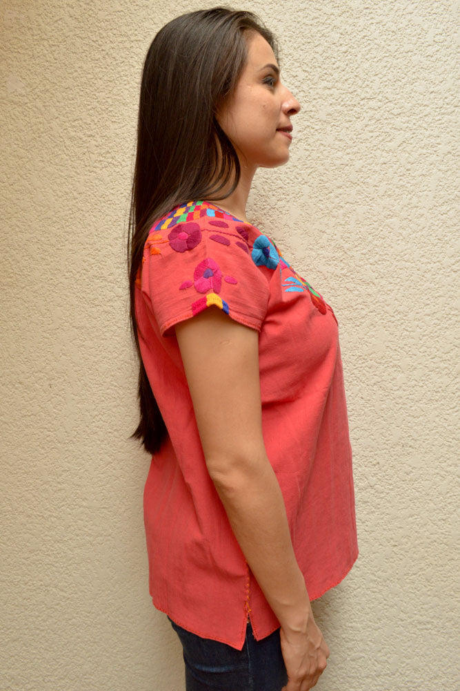 Embroidered Mexican Blouse | Coral - Alebrije Huichol Mexican Folk art magiamexica.com