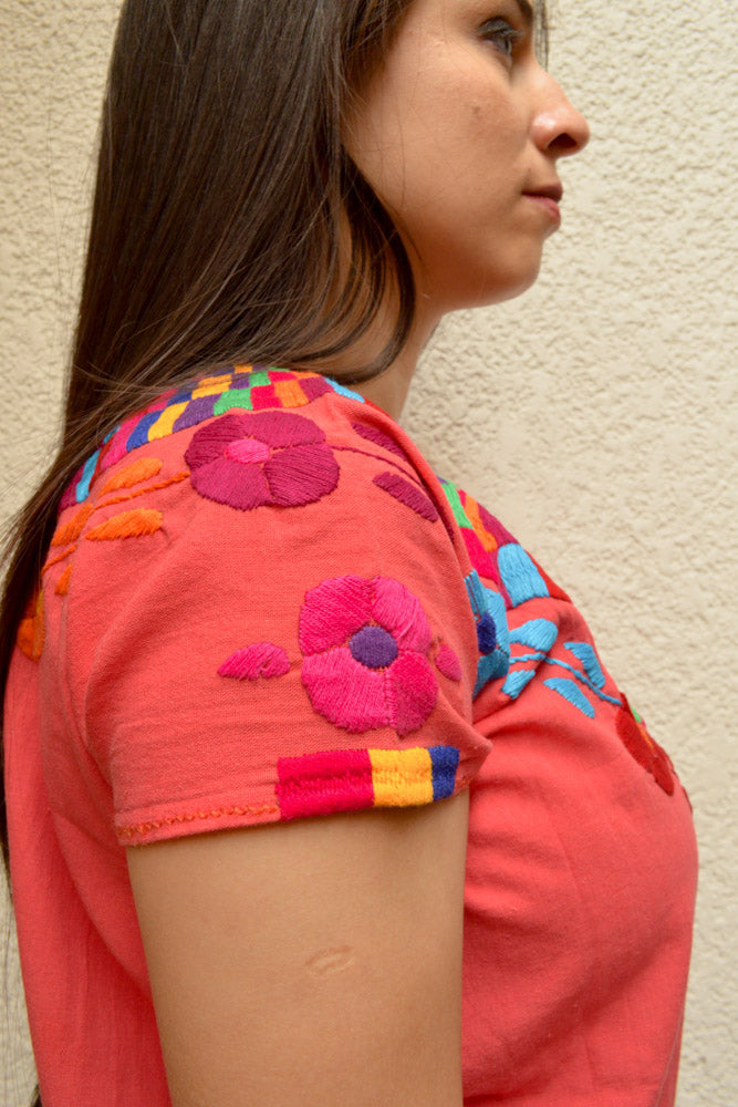 Embroidered Mexican Blouse | Coral - Alebrije Huichol Mexican Folk art magiamexica.com