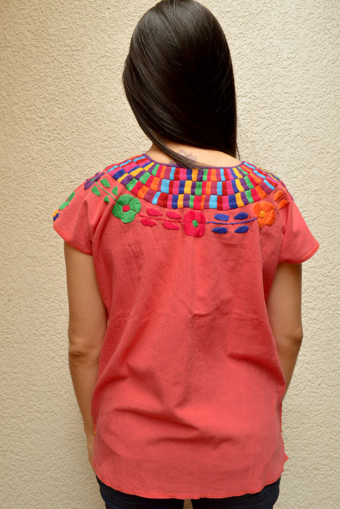 Embroidered Mexican Blouse | Coral - Alebrije Huichol Mexican Folk art magiamexica.com