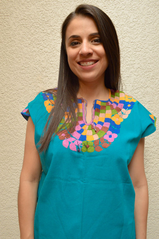 Embroidered Mexican Blouse | Turquoise - Alebrije Huichol Mexican Folk art magiamexica.com